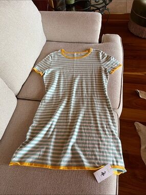 Mint & White Striped Mini Dress with Yellow Trim